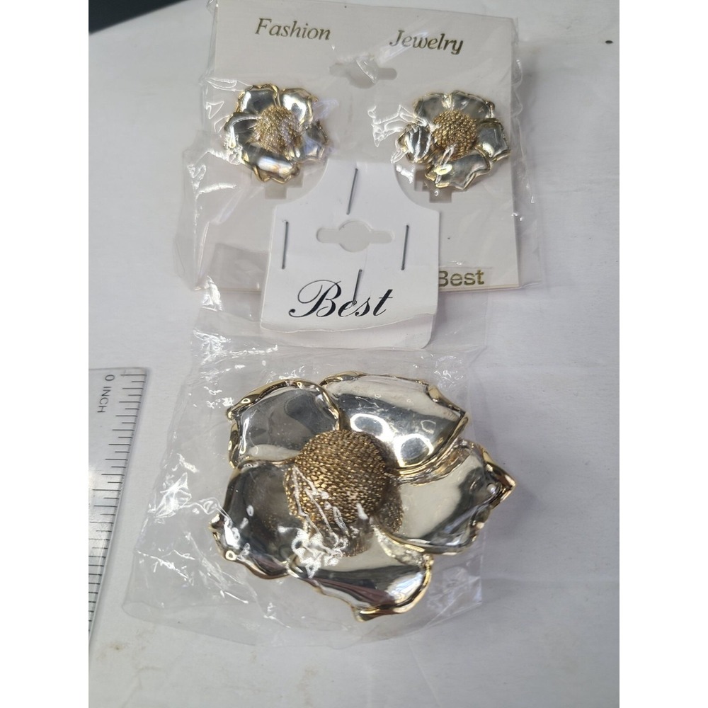 Vintage-Style Gold & Silver Flower Earrings And Brooch/Pendant Set By Best